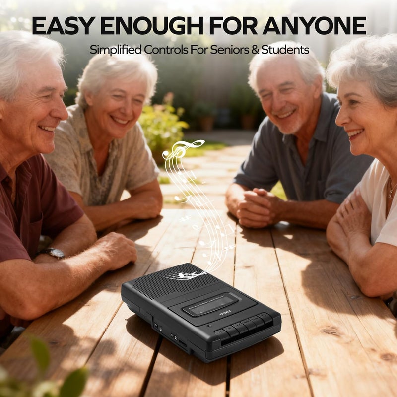 COBY Portable Cassette Player & Recorder with Standing Microphone – Retro Shoebox Tape Recorder with Built-in Speaker, Aux Input, Headphone Jack & Dual Power (Battery/AC) – Classic Black Audio Device - Image 2